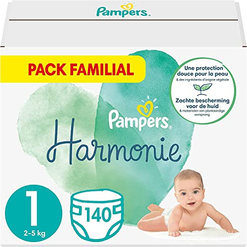 Pampers Couches Taille 1 (2-5 kg), Harmonie, 140 Couches Bébé (Lot de 4 x 35), 0% de compromis, 100% d'absorption, Ingrédients d'origine végétale, Hypoallergéniques
