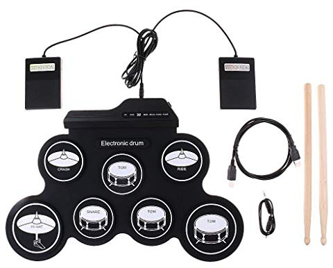 Yangers Schlagzeug elektronisch elektrische Trommel für Kinder anfänger, tragbare Digitale Faltbare Pads zum Aufrollen der Drums mit 2 Fußpedalen und Sticks für Jungen Mädchen Starter Geschenk