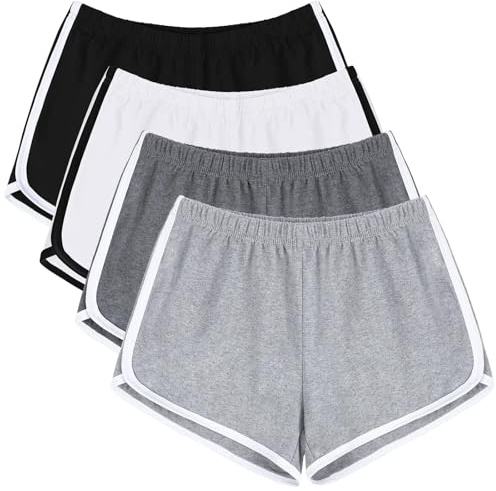 URATOT 4-pack yoga korta byxor bomull sportshorts gym dans träningsshorts delfin löpning atletiska shorts för kvinnor, Svart, ljusgrå, mörkgrå, beige, S
