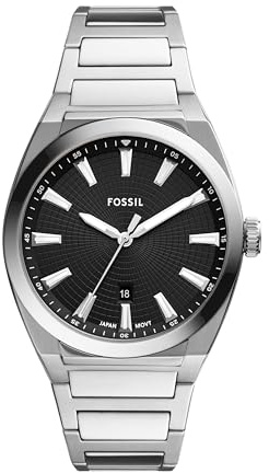 Fossil Everett Orologio da uomo con cinturino in acciaio inox o pelle, argento/nero, 42MM, Everett