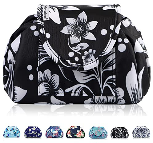 Trousse Maquillage Voyage à Cordon, Trousse de Toilette Femme & Fille Pliable étanche avec Poche zippée, Organisation One‑Step pour cosmétiques 57 cm Vavabox(Fleurs Noir)