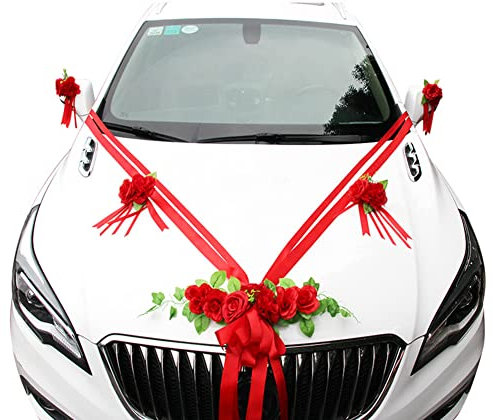 Asudaro Auto-Dekoration für Hochzeiten, Hochzeit Künstlicher Blumenstrauß Autoschleifen Auto Schmuck Braut Paar Rose Deko Dekoration Auto Dekoration Emulation Silk Rose Blumen Set,Roter Typ 1