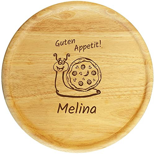 Sterngraf Pizzateller mit Gravur (Namen) 32cm - Geschenkidee zum Geburtstag Einschulung Kinder, personalisiertes Holz Pizzabrett Motiv P26 Schnecke