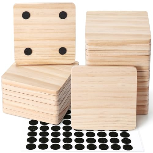 24 Stk Unbearbeitete Holzuntersetzer, Massive Holzrohlinge für Lasergravur | 10 cm Einteilige Holz-Scheiben Wohndekor Mit Rutschfesten Pads für DIY, Holzbrand, Beizen, Malerei, Hochzeit, Eckig