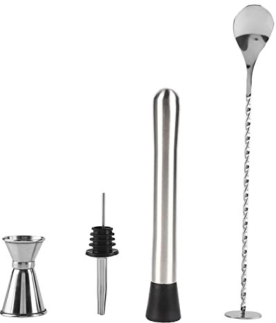 Tyenaza Edelstahl-Muddel-Werkzeug-Set, 4-teiliges Barkeeper-Kit Muddler für Cocktails, Ausgießer, Rührlöffel und Messbecher, Home-Bar-Werkzeuge zum Debuggen von Getränken, Saft(25、50ml)