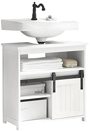 SoBuy Meuble sous Lavabo, Meuble de Salle de Bain, Placard de Rangement, Armoire Salle de Bain avec étagères et Porte de Grange, 60x30x62 cm, Blanc, BZR61-W