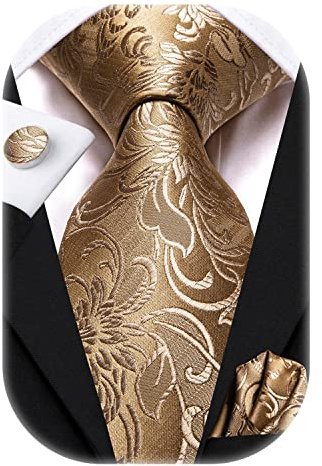 Hi-Tie Herren Seiden Krawatte Set Khaki Paisley Jacquard Krawatte mit Einstecktuch Manschettenknöpfe Für Hochzeit