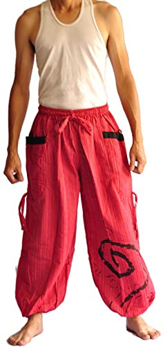 Siam Trendy Thai Pants, Hakama Pants, Harem Pants Men, Thai Fisherman Pants, Japanese Pants, Harem Pants (Aladdin Talisman RED)