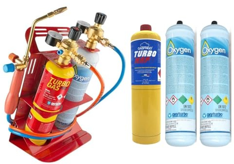GASFRIGO - Kit cannello saldatura Oxyturbo Turbo set 200 + 2 bombole ossigeno usa e getta 930 ml. 110 bar + 1 bombola turbo mapp (map pro) usa e getta 400 gr. attacco CGA600