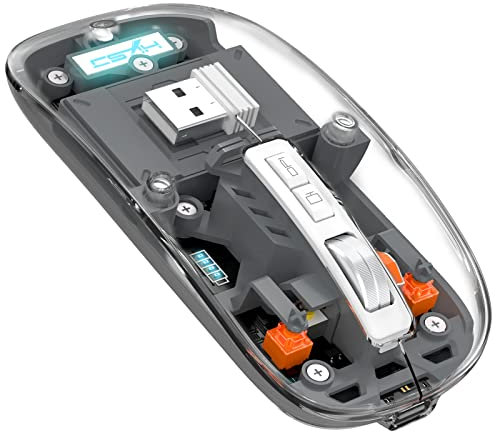 A.JAZZ Mini mouse senza fili Bluetooth 5.1 e 2.4G, leggero, trasparente, trasparente, silenzioso, ricaricabile, ricevitore nano USB C, batteria LED Magic Silm per ufficio/PC/Mac/Laptop/Apple/iPad