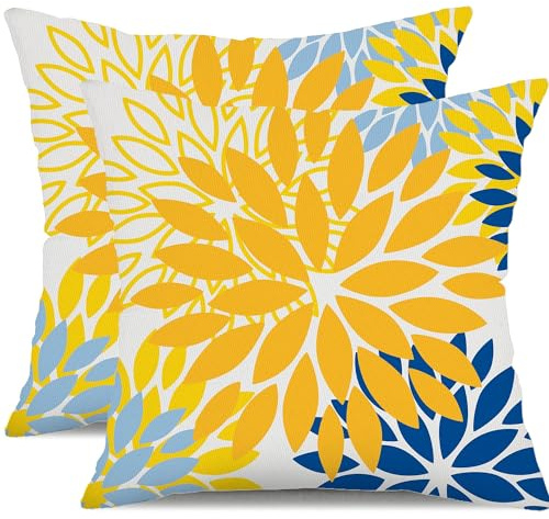 DFXSZ Yellow Blue Flower Pillow Covers 18x18 Inch Set of 2 White Gray Colored Throw Pillows Outdoor Waterproof Decor for Living Room Sofa Patio Funiture Garden Floral Polyester Pillow Covers 002J18