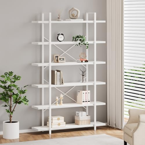 HSH 6 Tier BookShelf Farmhouse Storage Bookcases Modern Shelf White Oak | Metal and Wood Bookcase Etagere, Farmhouse Open Wide Display Storage Bookshelves Heavy Duty for Bedroom Living Room Office