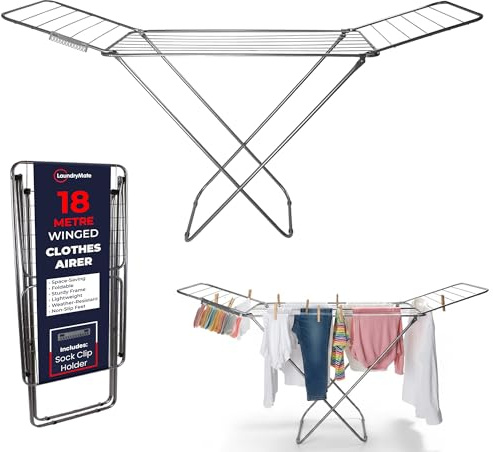 Laundry Mate Extendable Clothes Airer with Sock Clip - Extends Upto 180 cm Winged Foldable Laundry Rack - 18M Drying Space Clothes Horse - Weather Resistant Dryer Rack for Indoor with Non-Slip Feet