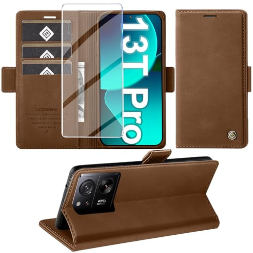 Giyer Handyhülle für Xiaomi 13T/13T Pro Hülle mit Schutzfolie, Schutzhülle 13T Pro 5G PU Leder Wallet Flip Case Ständer Kartenfach Klapphülle für Xiaomi 13T Pro/13T Tache Full Cover (Braun)