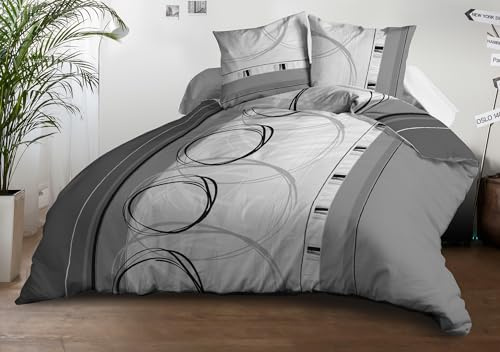 Le Linge de Jules Parure Drap Plat + Drap-Housse 140x190 + 2 Taies - Microfibre Douce et résistante - Entretien Facile - Roue-Libre Gris