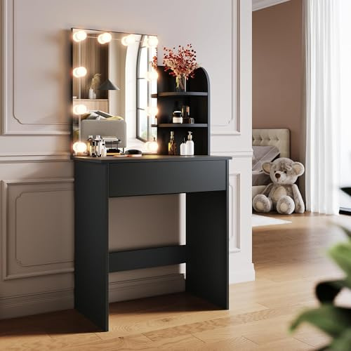 SONNI Toeletta Trucco con Luci, Comò da Camera da Letto con Cassetti, Toeletta Bambina con lampadine LED dimmerabili a 3 colori, 70x40x140cm, Nero