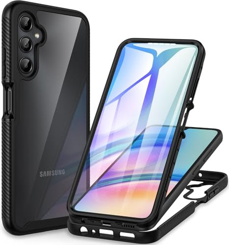 CENHUFO Coque Samsung A05s, Antichoc Housse avec Protection d'écran, 360° Protégé Téléphone Etui Double Face Bumper Transparent Case Robuste Portable Intégrale Coque pour Samsung Galaxy A05s -Noir