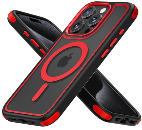 MobNano Hybrid Magnetisch Durchsichtig Hülle für iPhone 15 Pro Max Hülle [Kompatibel mit MagSafe] Stoßfest Bumper Transparent Starke Magnet Handyhülle Clear Silicone iPhone 15promax Case Schwarz/Rot