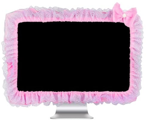 Kingshion 23-27 tum härlig söt datorskärm skydd med härlig söt elastisk pennficka rosettknut TV LCD-skärm dekoration dammskydd, spetstyg, rosa