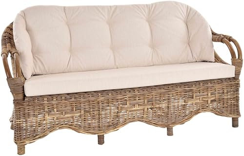 Krines Home Wintergarten Rattansofa Natur Rattan Sofa Dreisitzer Wohnzimmer Couch Rattanmöbel (Grau Natur, 3-Sitzer)