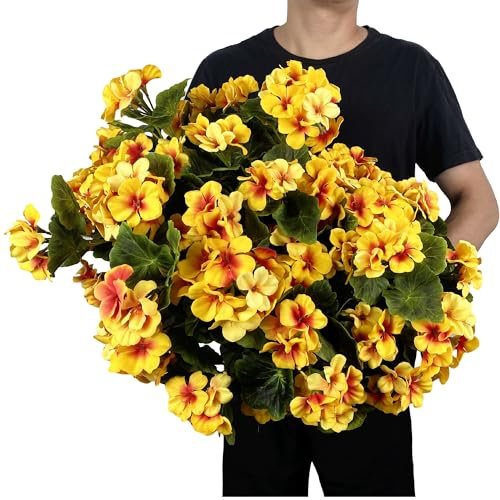 Dophinena Pack of 4 - Artificial Geraniums Bundles Autumn Fall Silk Flower Plants Geranium Bush Red Color for Home Garden Wedding Indoor Outdoor Decor (Yellow - Pack of 4)
