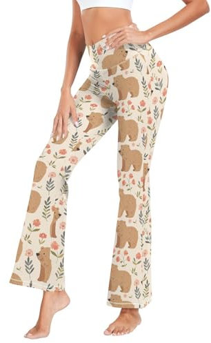 Fustylead Süße braune Bären und Blumen Damen Bootcut Yogahose Kreuz hohe Taille Glocke Schlaghose S-XXL, beige, S