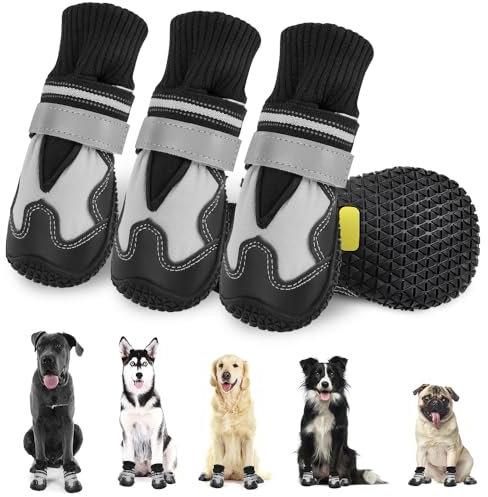 Eyein Hundeschuhe Pfotenschutz Winter, 4 Stück Wasserabweisend Windschutz Hundeschuhe mit warmem Fleece und hohem Design, Reflektierende und rutschfeste Hunde Schuhe Outdoor, (Größe 6, Weiße Nähte)