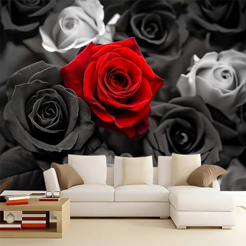 Wall Mural Black Red 250 x 175 cm (W x H) Photo Wallpaper, 3D Plant Rose Print Non-Woven Mural Wallpaper, for Living Room Bedroom Kids Room TV Sofa Background Family Wall Decor