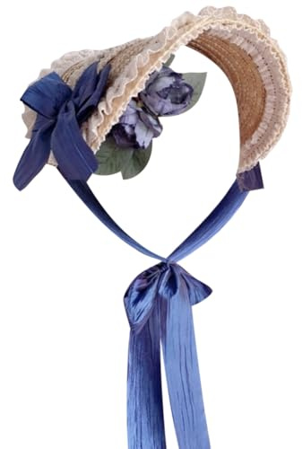 Besforta Gorro plano estilo Lolita victoriano para niñas y mujeres, sombrero de paja para fiesta de té, sombrero de encaje, lazos de flores, sombreros de paja