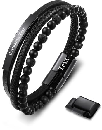 INBLUE Lava Rock Stein Perlen Leder Armbänder mit Edelstahl Verstellbare Schnalle Mehrschichtig Armband Vulkanstein Perlen und Geflochtene Leder Armband für Männer
