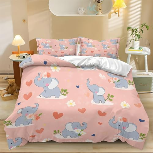 Copripiumino Cartone Animato Elefante A Forma Di Cuore Colorato 260 cm x 220 cm, Set Di Biancheria Da Lettocon Con Chiusura A Cerniera,Comodo Stampa Set Copripiumino 3 Pezzi Per Bambini Adulti