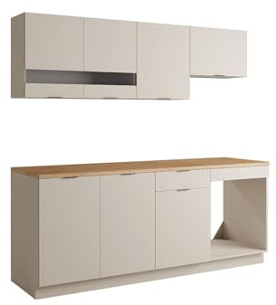Vente-unique - Küchenzeile - Mit Arbeitsplatte 200 cm - Beige & Holzfarben - CARMEO