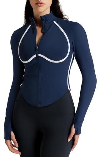 colorskin Women Cropped Jacket Contrast Seam Workout Zip Up Athletic Jacket Yoga Sportswear with Thumb Holes Mineral Blue S