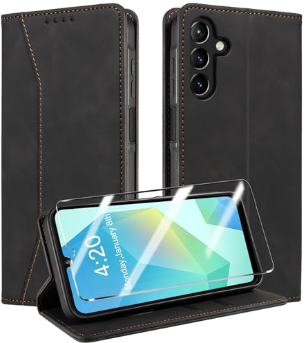 QHOHQ Handyhülle für Samsung Galaxy A17 / A16 4G/5G / A26 5G Hülle mit Panzer Glas, Premium Leder Schutzhülle, [RFID Blockierung], Magnet Klappbar Flip Case Tasche, Multifunktional, Stoßfest-Schwarz