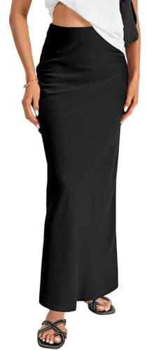 Vrtige Women's Elegant Silk Satin Elastic High Waist Zipper Flowy A Line Long Maxi Skirt Plain Black-1 X-Small