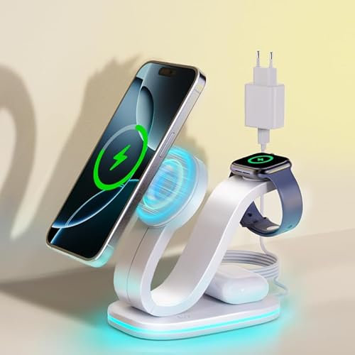 Aimtel Schwanenhals für Qi2 Mag-Safe 3 in 1 Apple Ladestation Kompatibel mit Apple Watch und iPhone 17 Pro Max/17/16/15, für Qi2 Kabelloses Ladegerät für Apple Watch 11/10/AirPods (mit 30W Netzteil)