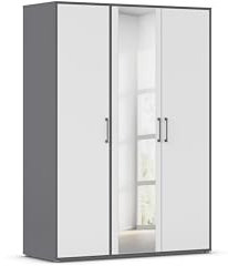 Rauch Möbel Hamilton, Kleiderschrank, Schrank, Garderobe, Organizer, 3-türig, mit Spiegel, Farbe Weiß/Grau metallic, Schwarz, Stangengriff Grau metallic, 140x194x54cm