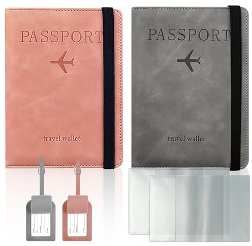lafo 6 Stück Reisepass Hülle, Reisepasshülle Kofferanhänger Frosted Passport Holders, mit RFID-Blocker, Kunstleder Passport Cover für Reisepass Bordkarte Ausweis Kreditkarten Reisedokumente Rosa/Grau