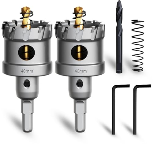 METOTY 2 Stück 40mm lochsäge metall，Hartmetall Lochsäge,Hartmetall Bohrer,mit Ein zusätzlicher nitrierter Stufenführungsbohrer gratis und L-Wrench,für Stahl Eisen Aluminum Metall