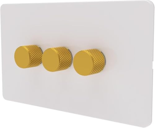 LED Dimmer Switch [Metal Knob/Plastic faceplate] 2-way Rotary Push On/Off for Dimmable LED and Halogen Lights, minimum brightness adjustable - White/Gold 3-Gang