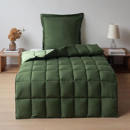 HIG Bettdecke 140x200 cm + 1 Kissenbezug 65x65cm – Oeko-TEX zertifizierte grüne Steppdecke, kastenförmig genäht – 1300g Daunenalternative (250GSM) weich & flauschig