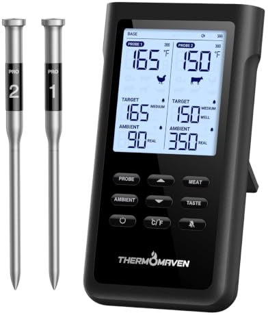 ThermoMaven 3000FT Smart Wireless Meat Thermometer, Sub-1G Long Range, 6 Sensors NIST Certified Accuracy, 2 Thin Probes, Standalone Base with Large LCD for Grill, Smoker, Oven, BBQ (Black)