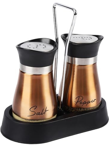 Salz und Pfefferstreuer Set, Salz und Pfeffer Set mit Halter, 2er Set Edelstahl und Glasflasche Salzstreuer Kellerspender für Küche, Kochen, Camping (Gold)