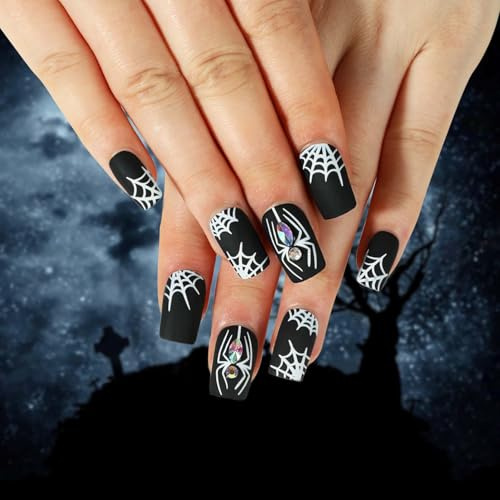 Halloween Nägel Schwarz, 24 Stück Square Spinne Press on Nails Kurz, Nägel Zum Aufkleben, Goth Schwarz Kunstliche Nägel, Kunstnägel zum Aufkleben Acryl Full Cover, Halloween Falsche Aufkleber Nägel