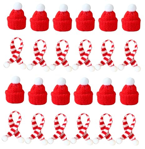 24 Stück Mini Weihnachtsmütze und Schal Set, Finger Kleine Nikolausmützen, Mini Strickmützen für Weihnachtsfeier Dekor, Weihnachten Weinflasche Abdeckung, Puppenhaus, Weihnachtsfeiern, Rot+ Weiß