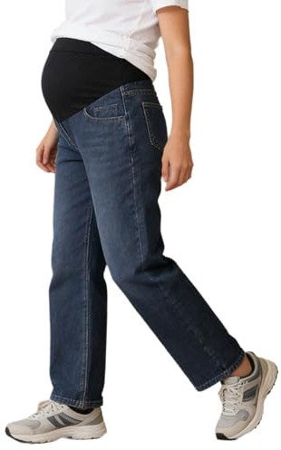 Fldy mammajeans regular fit stretch justerbar hög midja raka jeans för gravida kvinnor, Mörkblå, XL