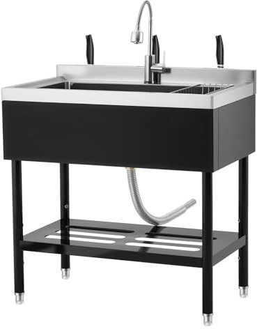 Garvee 36 Black Stainless Steel Utility Sink with Faucet, Adjustable Height Freestanding Commercial Sink with Hot & Cold Water, Shelf, Basket & Drain Kit for Kitchen, Garage, Laundry, or Outdoor Use