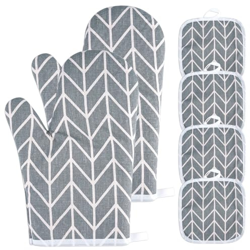 Manoplas Horno Algodón Antideslizante Cotton, 26 x 17 cm Guantes Cocina Oven Gloves Resistente, Cotton Guantes Cocina Oven con 4 Manteles Aislados, para Hornear, Cocinar, Barbacoa, Microondas
