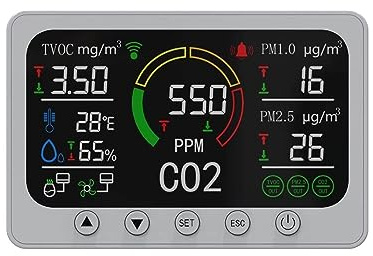 Detector de Gas, Wi-Fi inteligente 6 en 1 Monitor de Gas CO2 medida PM2.5 PM1.0 TVOC CO2 temperatura humedad TVOC Sensor Monitor de calidad del aire