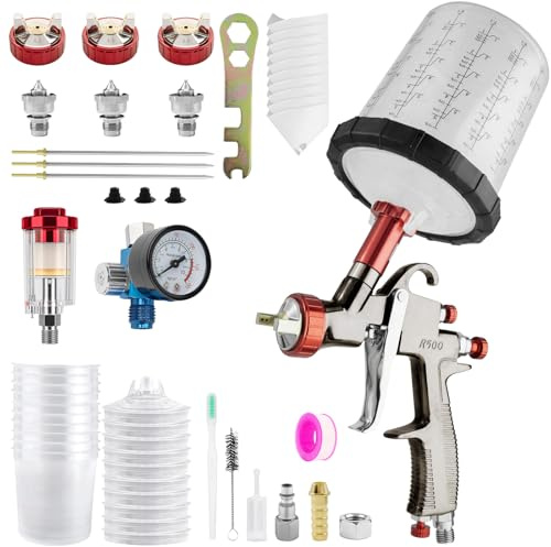 R500 LVLP Air Spray Gun Kit with 10Pcs 650ml Disposable Cups, Car Paint Sprayer with 1.3/1.5/1.7mm Nozzles & Air Regulator Automotive Paint Gun for House Painting, Walls, Car, Furniture